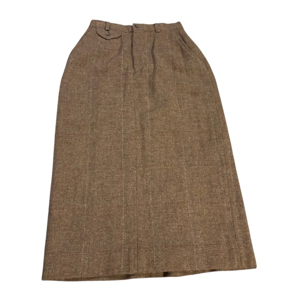 Ralph Lauren Vintage Brown Wool Herringbone Windowpane Midi Skirt USA Made 8